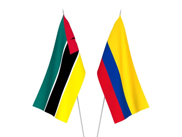 Banderas Nacionales Tela Colombia República Mozambique Aisladas Sobre Fondo Blanco — Foto de Stock