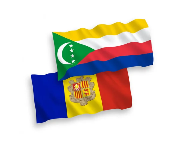 Nationell Vektor Tyg Våg Flaggor Unionen Komorerna Och Andorra Isolerad — Stock vektor