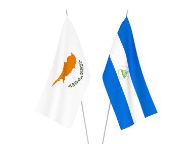 Beyaz arka planda Nikaragua ve Kıbrıs 'ın ulusal kumaş bayrakları izole edildi. 3d resimleme.