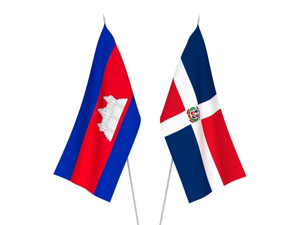 Bandeiras Tecido Nacional Reino Camboja República Dominicana Isoladas Fundo Branco — Fotografia de Stock