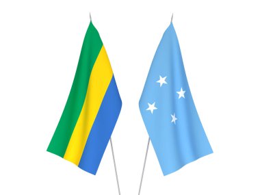 Gabon 'un ulusal kumaş bayrakları ve Mikronezya Birleşik Devletleri beyaz arka planda izole edildi. 3d resimleme.