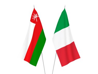 İtalya 'nın ulusal kumaş bayrakları ve Umman Sultanlığı beyaz arka planda izole edildi. 3d resimleme.