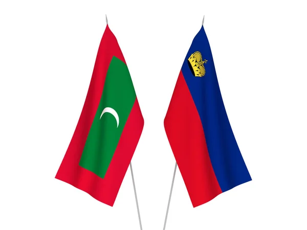 马尔代夫和列支敦士登的国家织物旗帜以白色背景隔离 3D渲染说明 — 图库照片