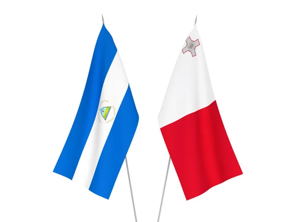 Nationale Stoffen Vlaggen Van Nicaragua Malta Geïsoleerd Witte Achtergrond Weergave — Stockfoto