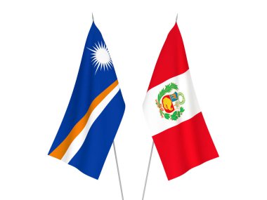 Beyaz arka planda Peru ve Marshall Adaları Cumhuriyeti 'nin ulusal kumaş bayrakları izole edilmiştir. 3d resimleme.