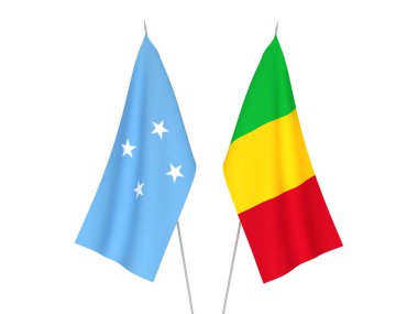 Beyaz arka planda, Mali ve Mikronezya Birleşik Devletleri 'nin ulusal kumaş bayrakları izole edildi. 3d resimleme.