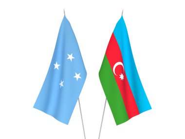 Beyaz arka planda Azerbaycan Cumhuriyeti ve Mikronezya Birleşik Devletleri bayrakları izole edildi. 3d resimleme.