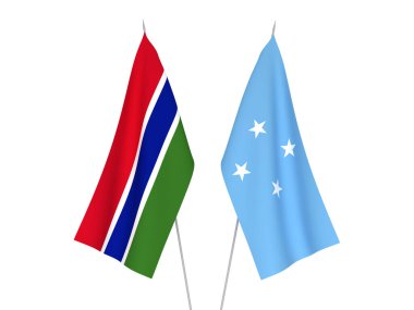 Gambiya Cumhuriyeti ve Mikronezya Birleşik Devletleri bayrakları beyaz arka planda izole edilmiştir. 3d resimleme.