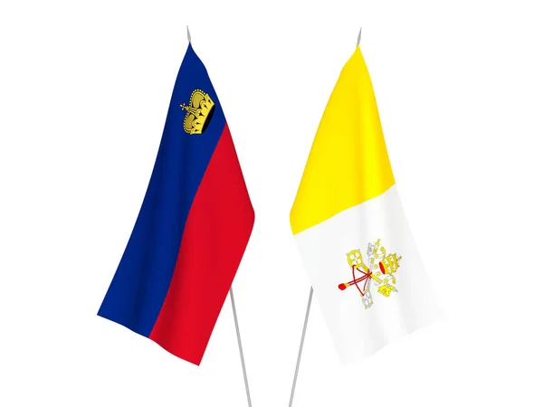 バチカン市国とリヒテンシュタインの国旗が白地に隔離されている 3Dレンダリング図 — ストック写真
