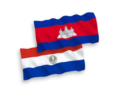 National vector fabric wave flags of Kingdom of Cambodia and Paraguay isolated on white background. 1 to 2 proportion.