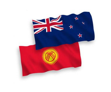 National vector fabric wave flags of New Zealand and Kyrgyzstan isolated on white background. 1 to 2 proportion.