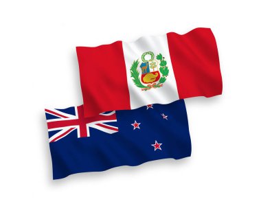 National vector fabric wave flags of New Zealand and Peru isolated on white background. 1 to 2 proportion.