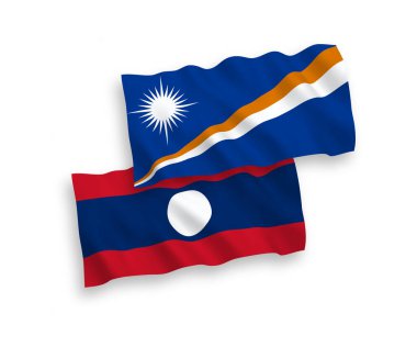 National vector fabric wave flags of Republic of the Marshall Islands and Laos isolated on white background. 1 to 2 proportion.