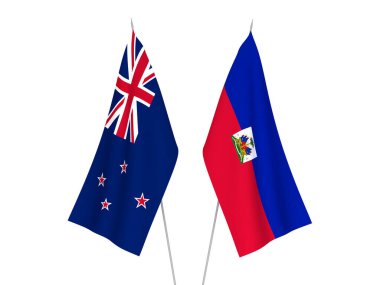 Beyaz arka planda Yeni Zelanda ve Haiti Cumhuriyeti 'nin ulusal kumaş bayrakları izole edildi. 3d resimleme.