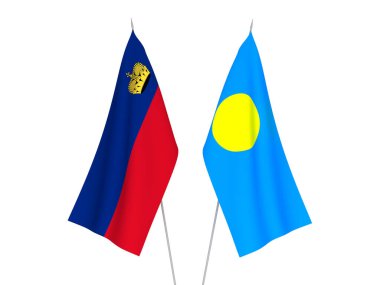 Beyaz arka planda Palau ve Lihtenştayn 'ın ulusal kumaş bayrakları izole edildi. 3d resimleme.