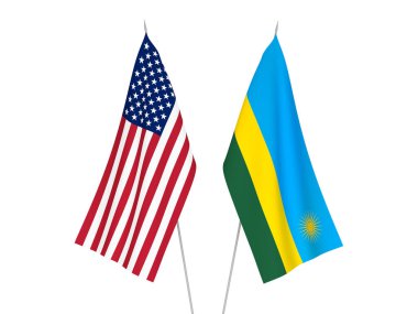 Beyaz arka planda Amerika ve Ruanda Cumhuriyeti 'nin ulusal kumaş bayrakları izole edildi. 3d resimleme.
