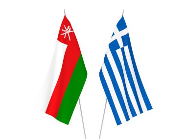 Yunanistan 'ın ulusal kumaş bayrakları ve Umman Sultanlığı beyaz arka planda izole edildi. 3d resimleme.