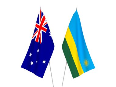 Avustralya ve Ruanda 'nın ulusal kumaş bayrakları beyaz arka planda izole edildi. 3d resimleme.