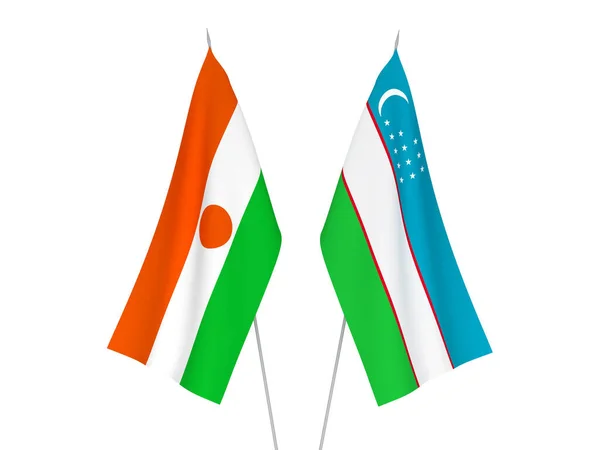 Bandeiras Tecido Nacional Uzbequistão República Níger Isoladas Fundo Branco Ilustração — Fotografia de Stock