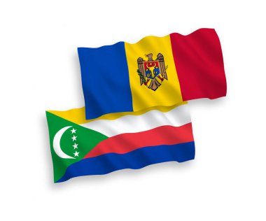 National vector fabric wave flags of Union of the Comoros and Moldova isolated on white background. 1 to 2 proportion.