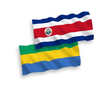 National vector fabric wave flags of Republic of Costa Rica and Gabon isolated on white background. 1 to 2 proportion.