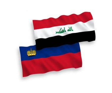 National vector fabric wave flags of Liechtenstein and Iraq isolated on white background. 1 to 2 proportion.