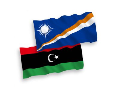 National vector fabric wave flags of Republic of the Marshall Islands and Libya isolated on white background. 1 to 2 proportion.