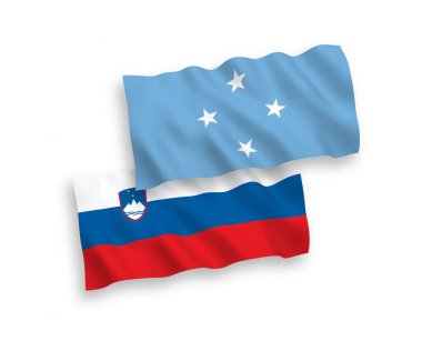 National vector fabric wave flags of Slovenia and Federated States of Micronesia isolated on white background. 1 to 2 proportion.