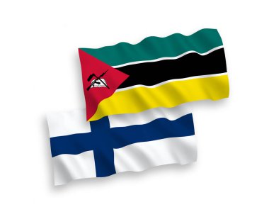 National vector fabric wave flags of Finland and Republic of Mozambique isolated on white background. 1 to 2 proportion.