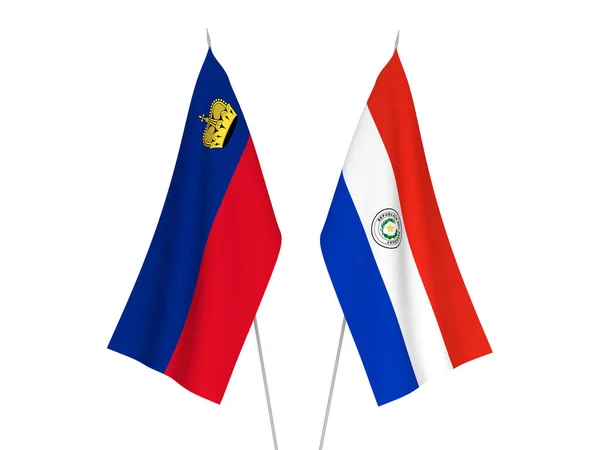Національні Прапори Ліхтенштейну Парагваю Були Ізольовані Білому Тлі Візуалізація — стокове фото