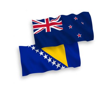 Yeni Zelanda ve Bosna-Hersek 'in ulusal taşıyıcı kumaş bayrakları beyaz zemin üzerinde izole edildi. 1 'e 2 oranında.