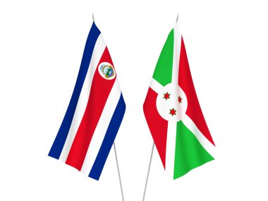 Kosta Rika Cumhuriyeti ve Burundi 'nin ulusal kumaş bayrakları beyaz arka planda izole edildi. 3d resimleme.