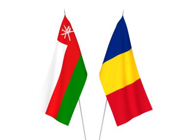 Romanya 'nın ulusal kumaş bayrakları ve Umman Sultanlığı beyaz arka planda izole edildi. 3d resimleme.