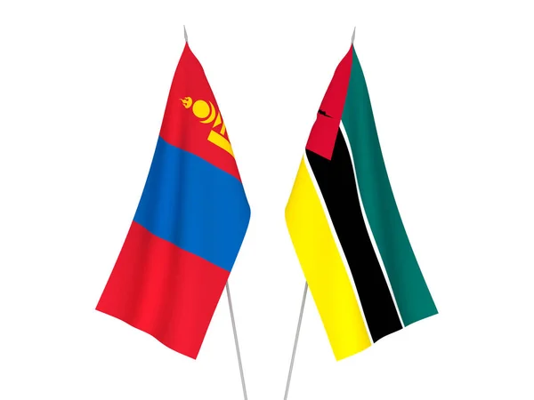 Banderas Nacionales Tela Mongolia República Mozambique Aisladas Sobre Fondo Blanco — Foto de Stock