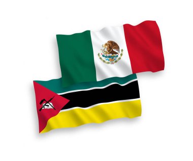 Beyaz arka planda Meksika ve Mozambik Cumhuriyeti 'nin ulusal taşıyıcı kumaş bayrakları izole edildi. 1 'e 2 oranında.