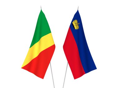 Beyaz arka planda, Lihtenştayn ve Kongo Cumhuriyeti 'nin ulusal kumaş bayrakları izole edildi. 3d resimleme.