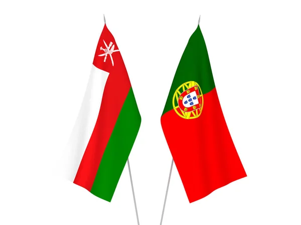 National Fabric Flags Sultanate Oman Portugal Isolated White Background Rendering — Stock Photo, Image