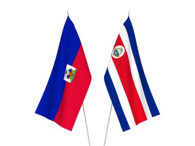 Beyaz arka planda Kosta Rika Cumhuriyeti ve Haiti Cumhuriyeti bayrakları izole edildi. 3d resimleme.