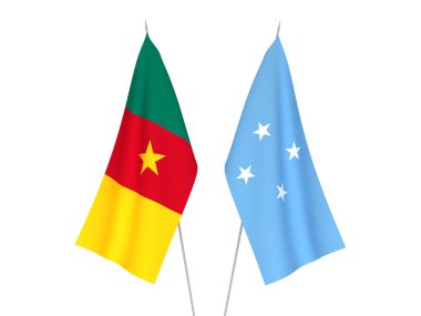 Mikronezya ve Kamerun 'un ulusal kumaş bayrakları beyaz arka planda izole edildi. 3d resimleme.