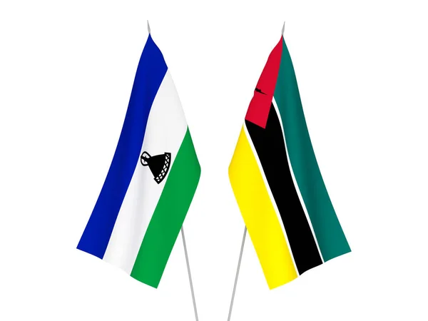 Bandeiras Tecido Nacional Lesoto República Moçambique Isoladas Sobre Fundo Branco — Fotografia de Stock