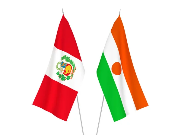 Національні Прапори Тканини Перу Республіки Нігер Ізольовані Білому Тлі Візуалізація — стокове фото