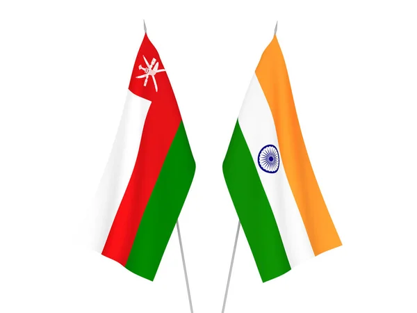 Nationale Stoffen Vlaggen Van India Sultanaat Van Oman Geïsoleerd Witte — Stockfoto