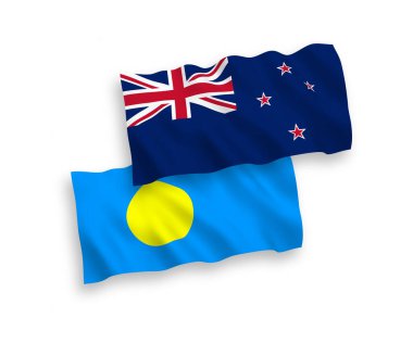 Beyaz arka planda Yeni Zelanda ve Palau 'nun ulusal taşıyıcı kumaş bayrakları izole edildi. 1 'e 2 oranında.