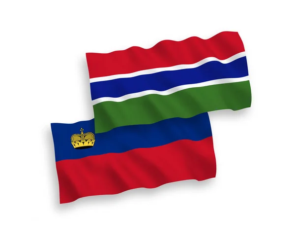 천으로된 리히텐슈타인 감비아 공화국의 깃발은 바탕에 떨어져 있었다 — 스톡 벡터