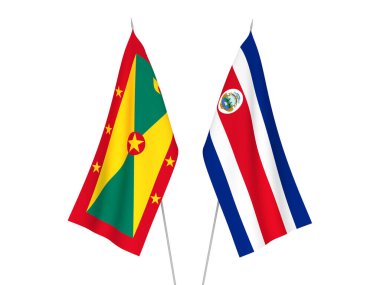 Beyaz arka planda Kosta Rika ve Grenada 'nın ulusal kumaş bayrakları izole edildi. 3d resimleme.