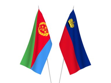 Beyaz arka planda Liechtenstein ve Eritrea 'nın ulusal kumaş bayrakları izole edildi. 3d resimleme.