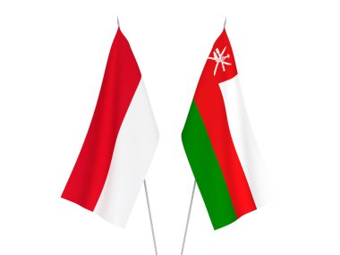 Umman ve Endonezya Sultanlığı 'nın ulusal kumaş bayrakları beyaz arka planda izole edildi. 3d resimleme.