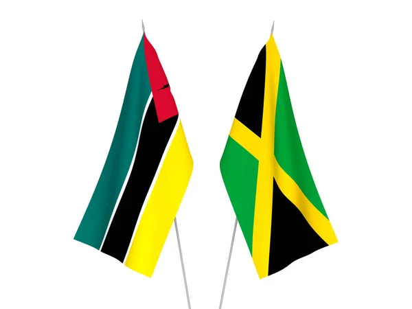 Bandeiras Tecido Nacional Jamaica República Moçambique Isoladas Fundo Branco Ilustração — Fotografia de Stock