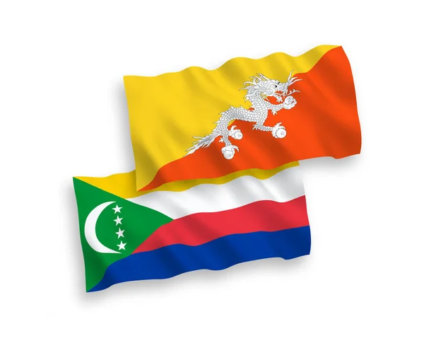Banderas Nacionales Ondas Vectoriales Unión Las Comoras Reino Bután Aisladas — Archivo Imágenes Vectoriales
