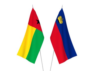 Beyaz arka planda Lihtenştayn ve Gine Bissau Cumhuriyeti 'nin ulusal kumaş bayrakları izole edildi. 3d resimleme.